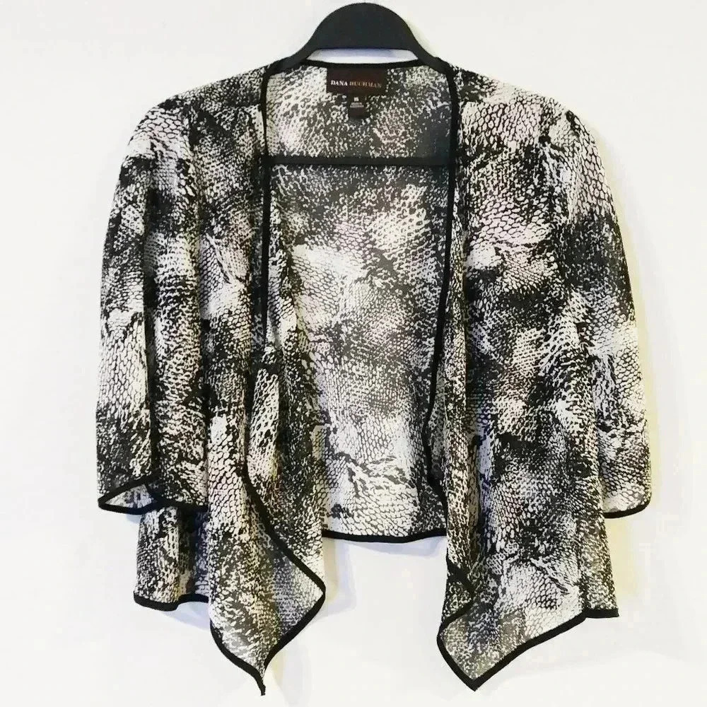 Dana Buchman Snakeskin Print Sheer Chiffon Open Front Cardigan Black White XS